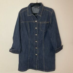 Chico's Dark Blue Denim Knee Length Jacket-Dress with Pockets Size Large